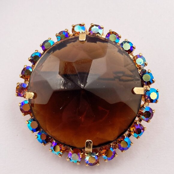 VINTAGE Big rhinestone and brown glass stone brooch ~ 1950s 1960s statement pin - Picture 4 of 9